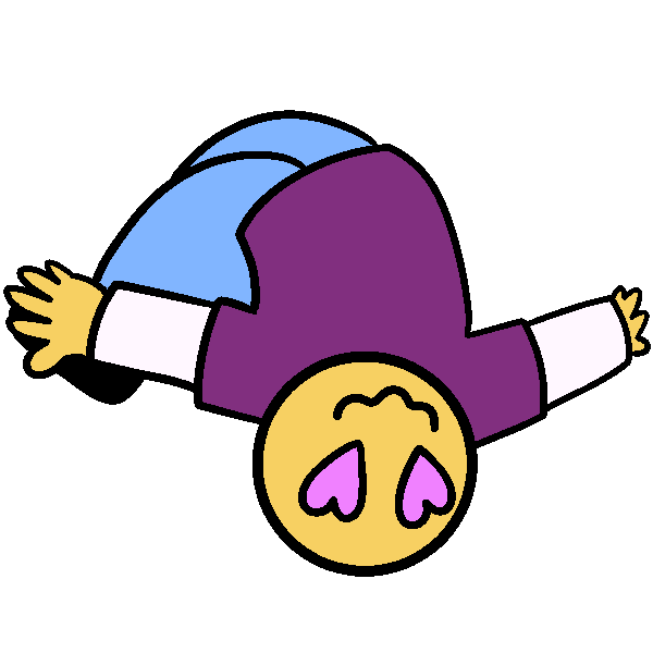 A person with pink heart eyes, wearing a pink and white shirt and blue pants, falling over backwards.